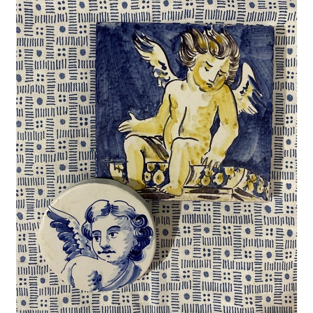2 Angel Cherub Portuguese Ceramic Tiles Azulejo Trivet Coaster handpainted 5.4"